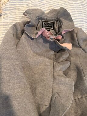 Rothschild Girls' Gray Coat with Pink Trim Ruffle Collar